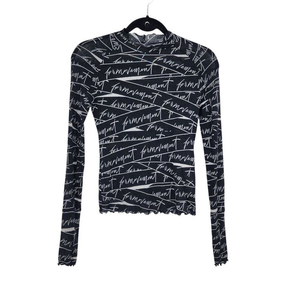 Free People Printed Top Lyocell/Elastane Blend Black/White Script Size XS
